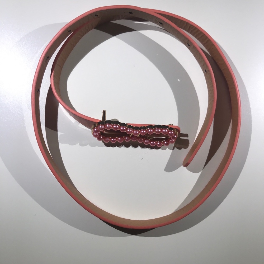 Beautiful coral-colored 33” belt with pink pearls